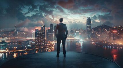 A businessman in a suit stands on the roof among the lights of the night city, his silhouette is shrouded in an atmosphere of power and influence, inspiring ambitious undertakings.