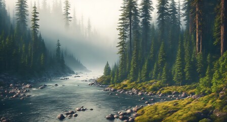 A river running through a forest with tall trees on either side. The river is surrounded by rocks and boulders, and