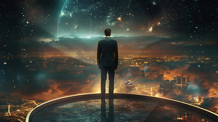 A confident businessman in a suit stands on the roof, towering over the city lights, his gaze is...