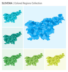 Slovenia map collection. Country shape with colored regions. Light Blue, Cyan, Teal, Green, Light Green, Lime color palettes. Border of Slovenia with provinces for your infographic.