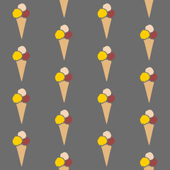 ice cream background, seamless pattern of ice cream scoops in a cone, repeating texture of colorful ice cream cones in red yellow and orange, abstract simple design, ideal for textile or paper design	