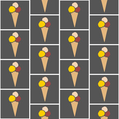ice cream background, seamless pattern of ice cream scoops in a cone, repeating texture of colorful ice cream cones in red yellow and orange, abstract simple design, ideal for textile or paper design	