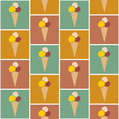 ice cream background, seamless pattern of ice cream scoops in a cone, repeating texture of colorful ice cream cones in red yellow and orange, abstract simple design, ideal for textile or paper design	