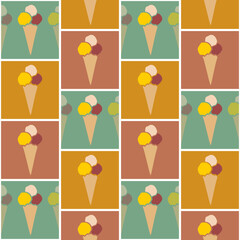 ice cream background, seamless pattern of ice cream scoops in a cone, repeating texture of colorful ice cream cones in red yellow and orange, abstract simple design, ideal for textile or paper design	