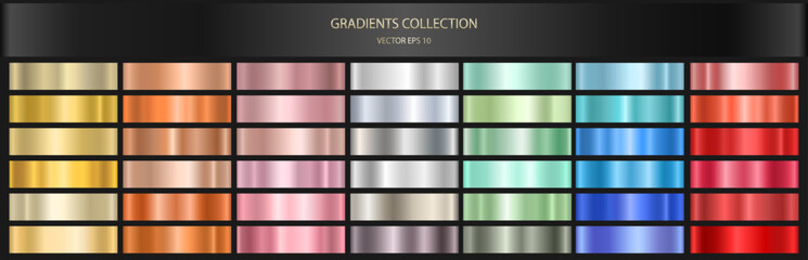 A set of colored metal gradients. A collection of vector shiny holograms and metallic gradients for decoration. Vector EPS 10.