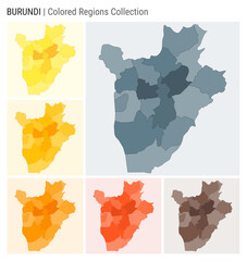 Burundi map collection. Country shape with colored regions. Blue Grey, Yellow, Amber, Orange, Deep Orange, Brown color palettes. Border of Burundi with provinces for your infographic.