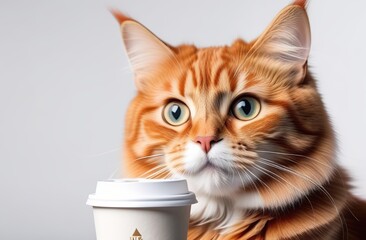 Crazy red cat with huge eyes and takeaway coffee on a white clean background
