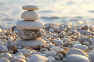 Tuinposter Photo of A stack of smooth white rocks on the beach. Ai generated © gicku91
