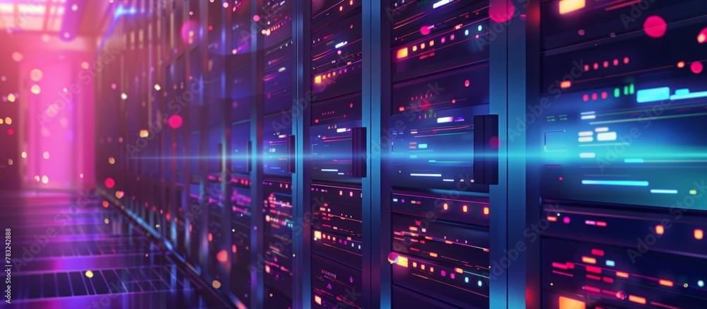 Poster computer servers neatly aligned in a data center, illuminated by bright overhead lights, creating a 