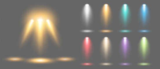 A set of gold and colored spotlights to illuminate the stage with rays on a gray background. Luminous transparent lighting effects. Vector illustration.