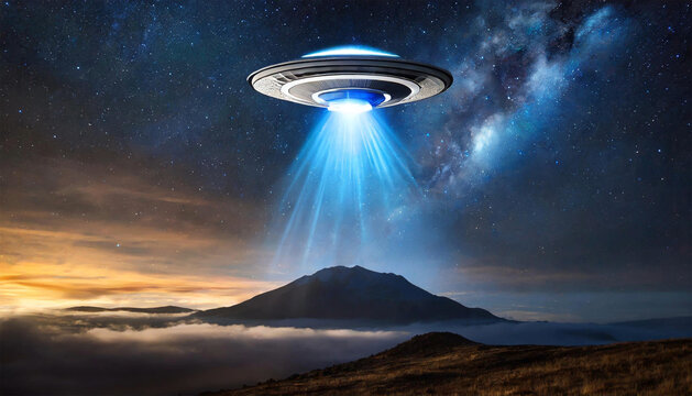 Extraterrestrial spaceship, UFO in the night sky.