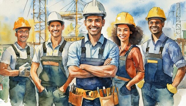 Group of workman in watercolor style 