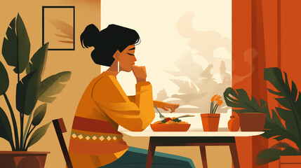 Linda mulher comendo comida em um restaurante brasileiro - Ilustração