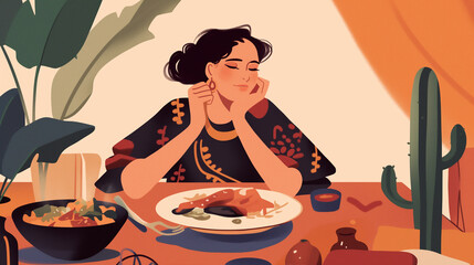 Linda mulher comendo comida em um restaurante brasileiro - Ilustração