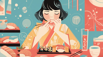 Linda mulher comendo comida japonesa - Ilustração