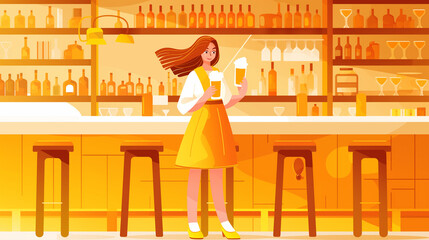 Linda mulher em um bar segurando uma caneca de cerveja nas mãos - Ilustração