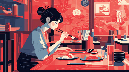 Linda mulher comendo comida japonesa - Ilustração