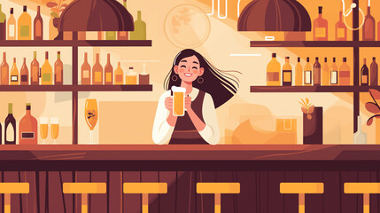 Linda mulher em um bar segurando uma caneca de cerveja nas mãos - Ilustração