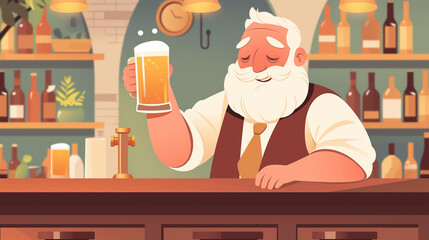 Homem velho em um bar segurando uma caneca de cerveja nas mãos - Ilustração