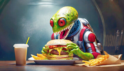 Space monster happy to be eating American fastfood, in an outer space restaurant. - 783243656