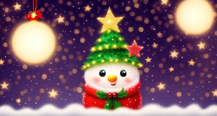 Obraz premium A snowman standing in front of a Christmas tree with stars and presents hanging from it.