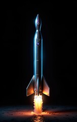 Illustrative representation of a simple isolated glossy metallic rocket that is starting and taking off 