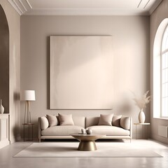 Light beige living room - modern interior hall and furniture design. Mockup for art - ivory taupe empty texture plaster microcement wall. Luxury premium nude accent lounge reception. 3d render