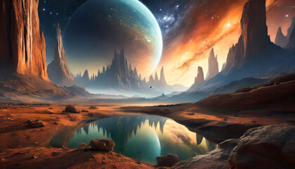 Illustration of a planet seen on the distant alien horizon in space. - 783243885