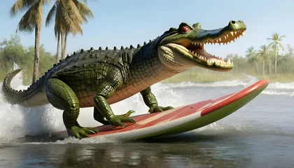 Fotobehang A-Crocodile-With-A-Surfboard-Catching-Waves-In-A- © Aaranda