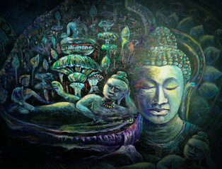 Original oil painting  buddha statue thailand