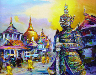 Fototapeta na wymiar Art painting oil color giant statue Grand palace in Dark from Thailand 