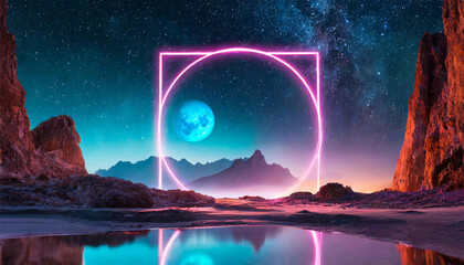 Beautiful frame portal and extraterrestrial landscape under the night sky and rocks. - 783244049