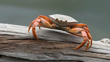 A-Crab-Perched-On-A-Weathered-Piece-Of-Driftwood-