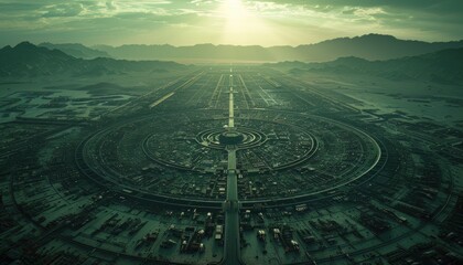 Illustrate a futuristic dystopian society from an aerial perspective, utilizing unexpected camera angles that emphasize the vastness and oppression Infuse psychological concepts of conformity - obrazy, fototapety, plakaty