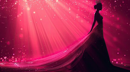 banner background International Beauty Pageant Day theme, and wide copy space, Silhouette of a woman in a flowing dress with a crown above her head, set against a plain backdrop,
