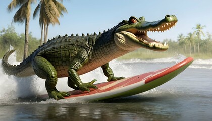A-Crocodile-With-A-Surfboard-Catching-Waves-In-A- - obrazy, fototapety, plakaty