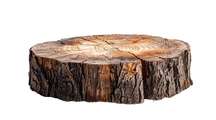 Wooden plate carved from tree trunk isolated on transparent background. Can be used like stand for...