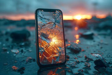 Shattered Dreams: Sunset through a Cracked Phone Screen. Concept Abstract Photography, Broken Reality, Dusk Perspectives, Digital Blurs, End of Illusions - obrazy, fototapety, plakaty