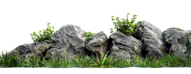 Green moss with decorative rocks and grass isolated on transparent background
