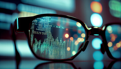 Glasses on the background of the stock market closeup background. Analyzing Stock market in glasses, Ai generated