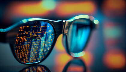 Glasses on the background of the stock market closeup background. Analyzing Stock market in glasses, Ai generated