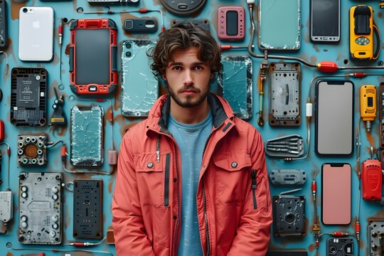 Man amidst a mosaic of mobile phone parts & screens. Concept Technology Art, Upcycled Creations, Electronic Sculpture, Repurposed Gadgets, Multimedia Design - Powered by Adobe