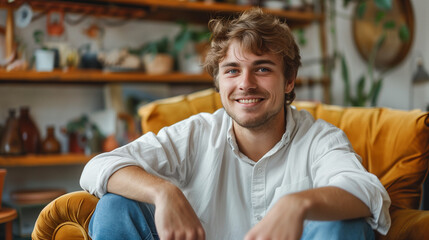 Handsome 25 years old man smile and sitting in chair in cozy interior (face portrait, close up)