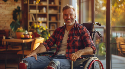 Handsome 45 years old man smile and sitting in wheel chair in cozy interior (face portrait, close up)
