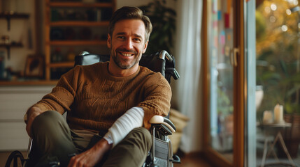 Handsome 40 years old man smile and sitting in wheel chair in cozy interior (face portrait, close up)