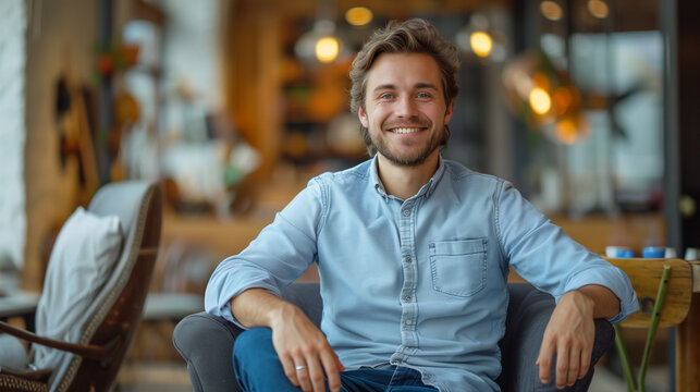 Handsome 30 years old man smile and sitting in chair in cozy interior (face portrait, close up)
