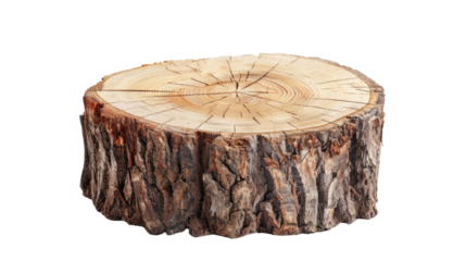 Wooden plate carved from tree trunk isolated on transparent background. Can be used like stand for your object