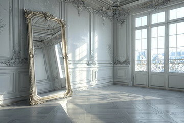 A room with a stunning interior design features an elegant floor mirror placed at an angle