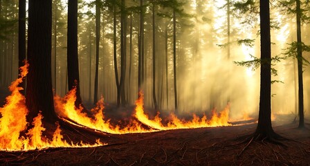 A forest fire burning in the woods. - obrazy, fototapety, plakaty