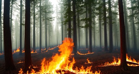A forest fire in the middle of a dense forest.